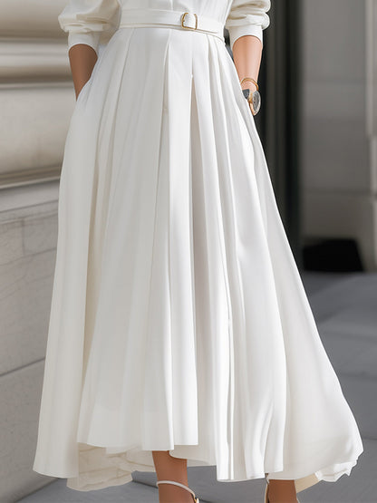 Elegant Plain Belted Shirt Dress With Pleated Skirt