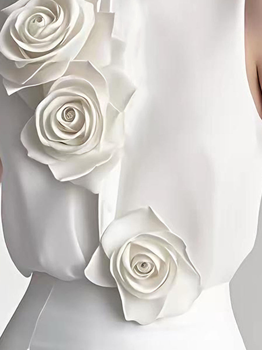 Modern Sleeveless White Blouse with 3D Rose Accents