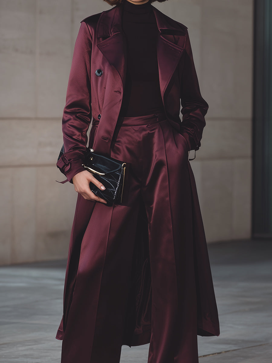 Burgundy Satin Trench Coat And Wide-Leg Trousers Set