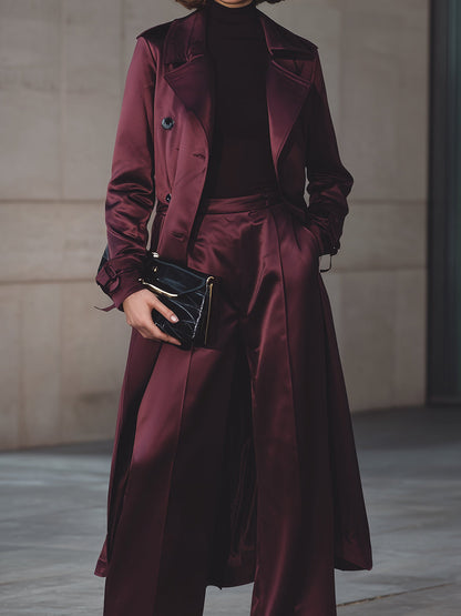 Burgundy Satin Trench Coat And Wide-Leg Trousers Set