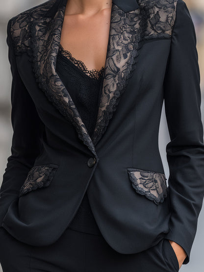 Single Button Lace Panel Tailored Blazer