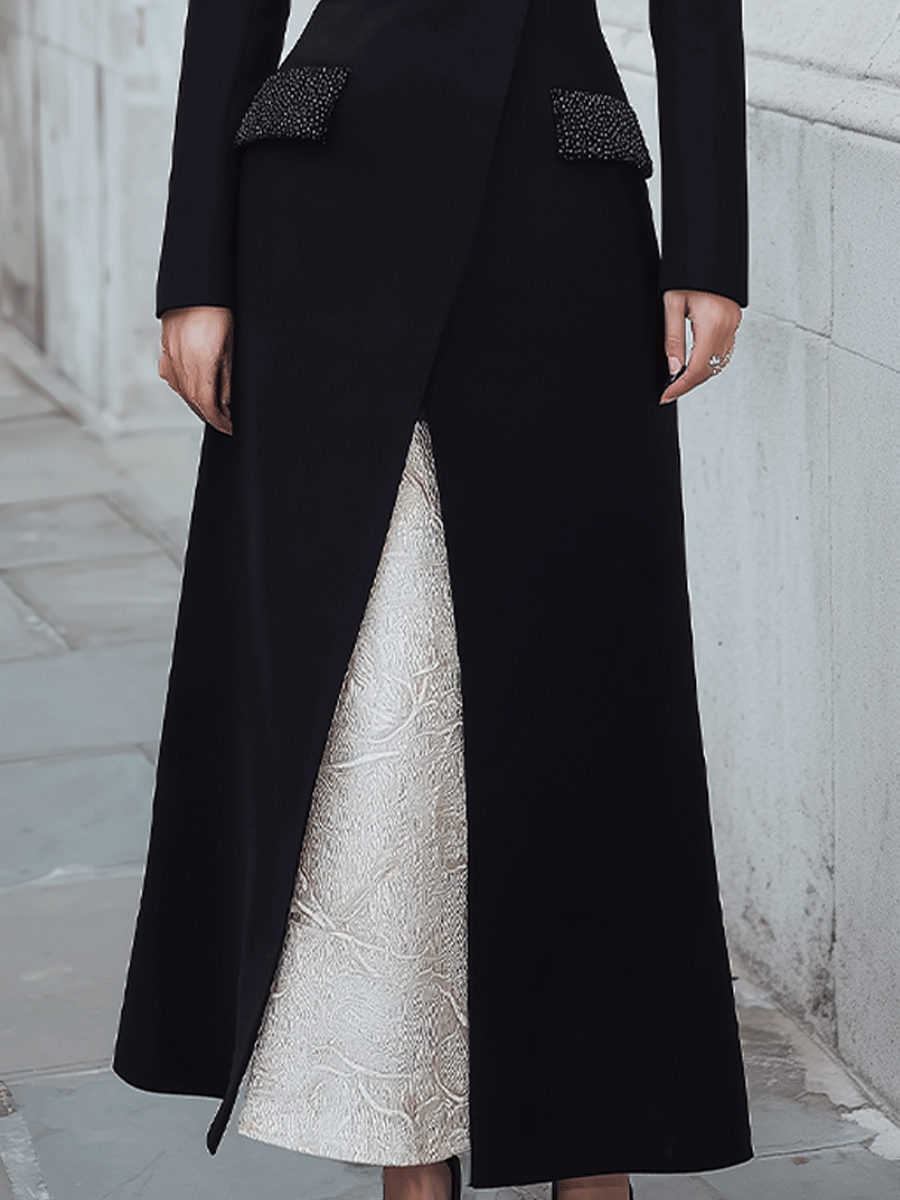 Black Longline Blazer Dress With Embellished Pockets And Contrast Underdress
