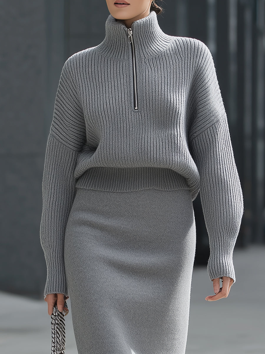 Sophisticated Grey Ribbed Knit Sweater And Midi Skirt Set