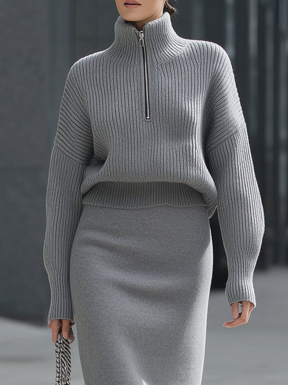 Sophisticated Grey Ribbed Knit Sweater And Midi Skirt Set