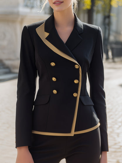 Contrast Trim Double-Breasted Blazer