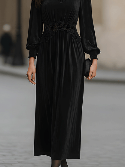 Black Long-Sleeve Lace Panel Midi Dress