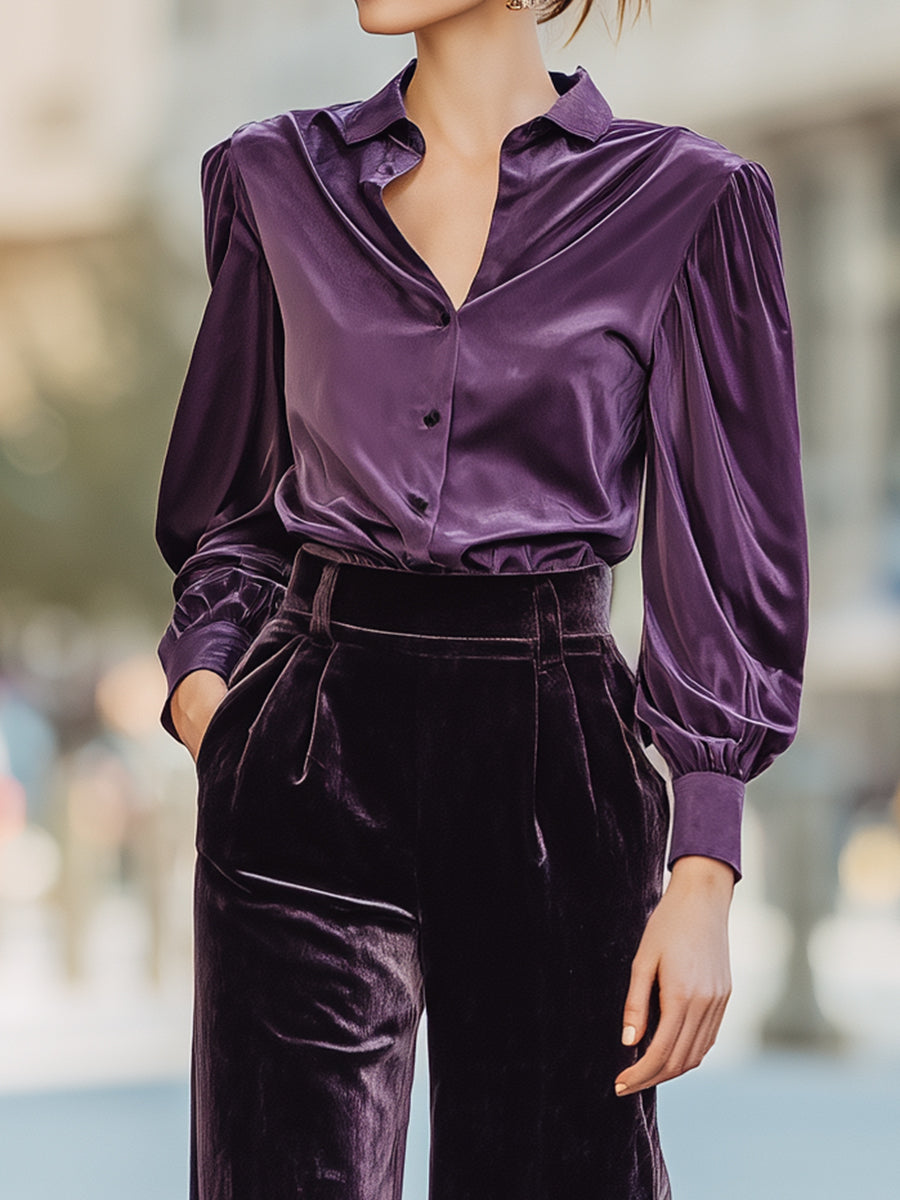Plum Velvet Shirt And Wide-Leg Trousers Set