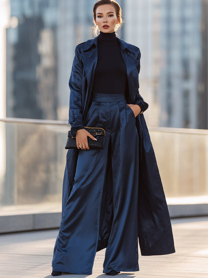 Navy Satin Trench Coat And Wide-Leg Trousers Set