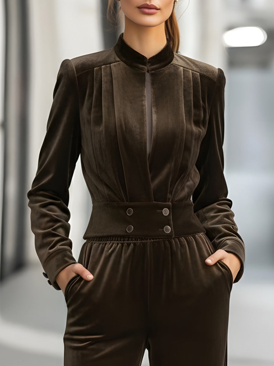 Velvet Two-Piece Set With Tailored Jacket And Wide-Leg Pants