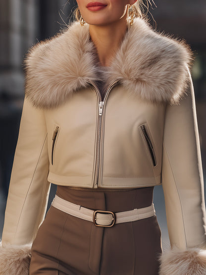 Cropped Jacket With Detachable Faux Fur Collar And Cuffs