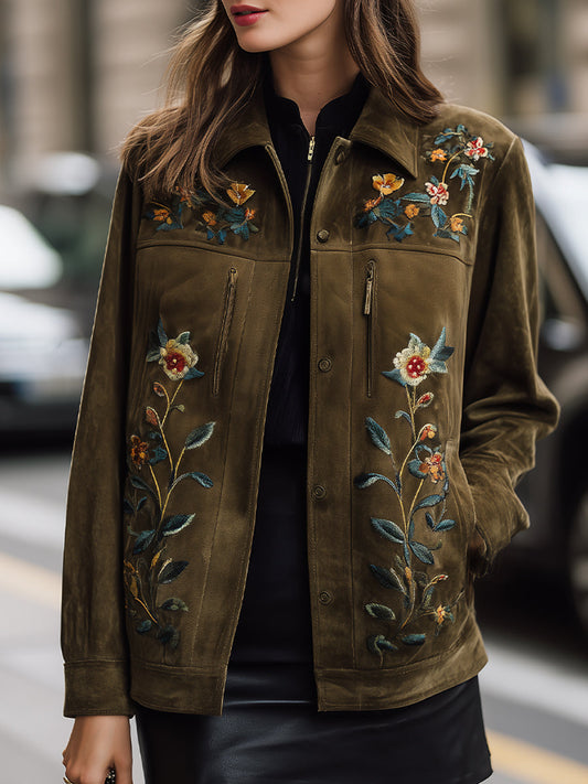 Olive Green Embroidered Jacket With Floral Motif