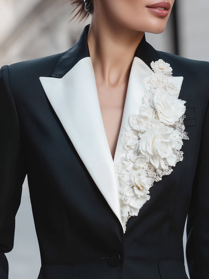 Colorblock Lapel Blazer With Floral Details