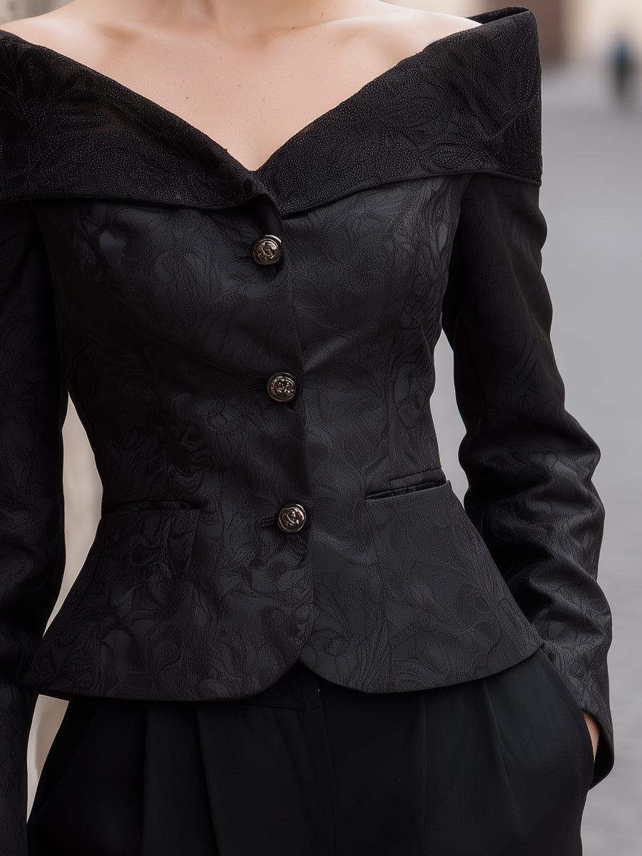 Off-Shoulder Neckline Jacquard Blazer