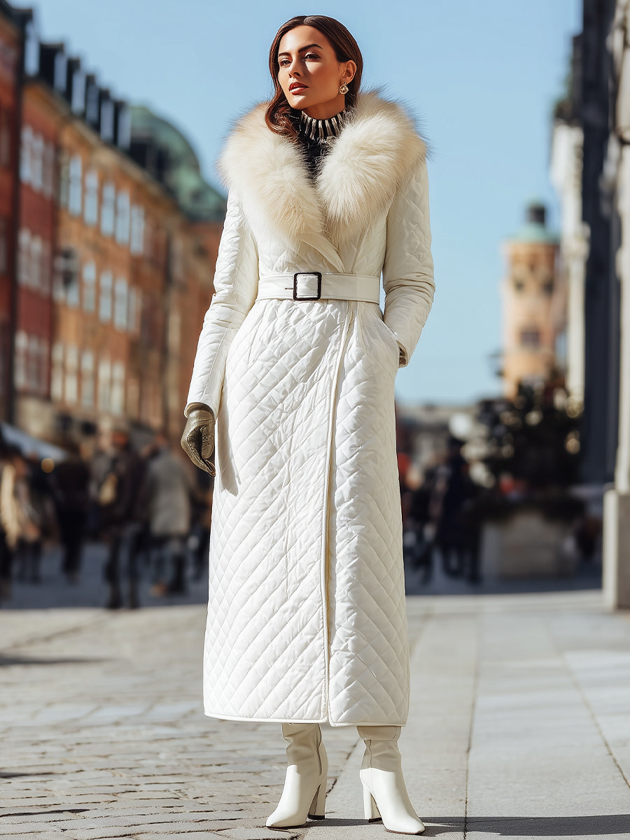 Ivory Quilted Coat With Faux Fur Collar And Belted Waist