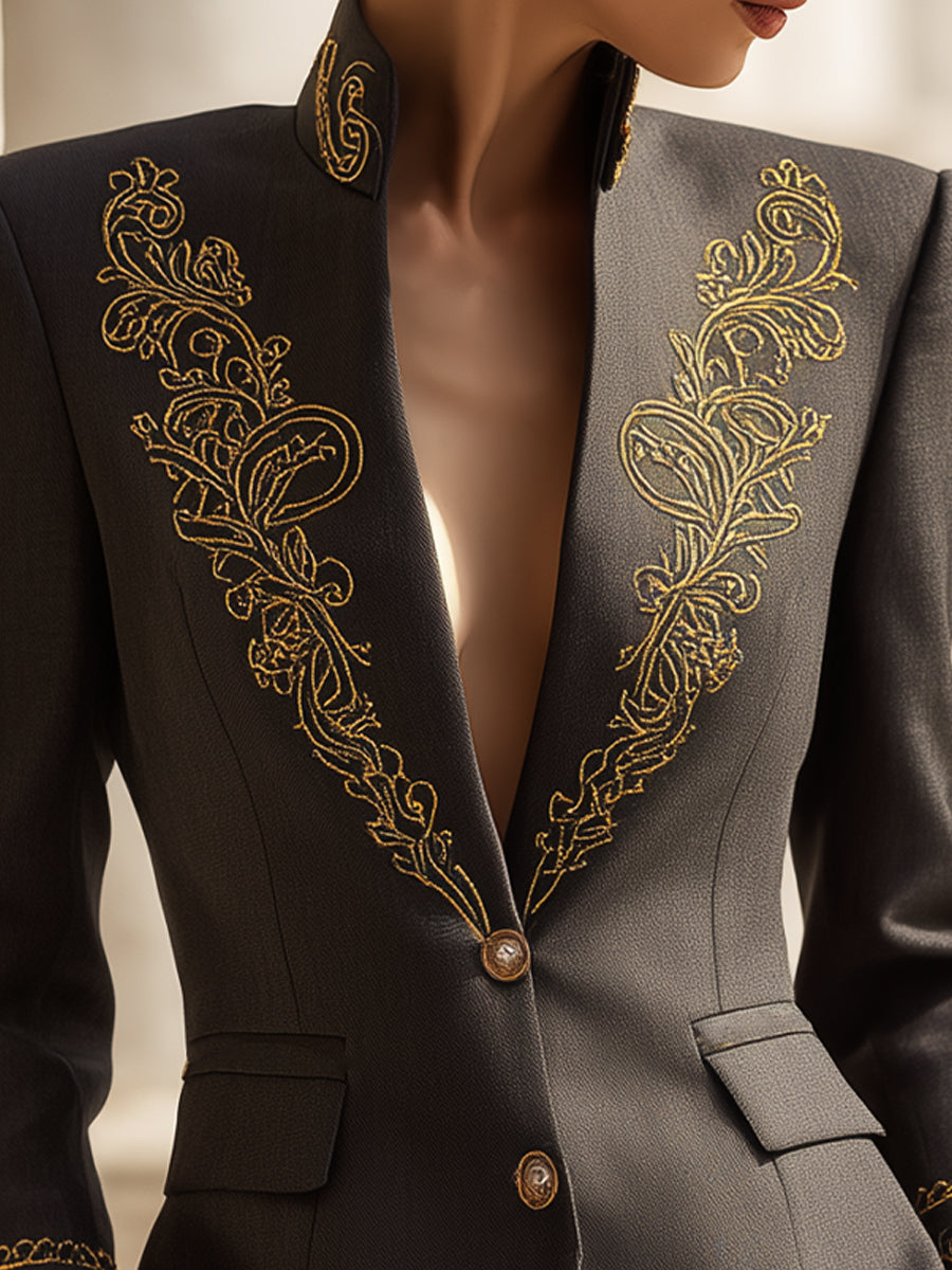 Charcoal Regal Embroidered Blazer With High Collar