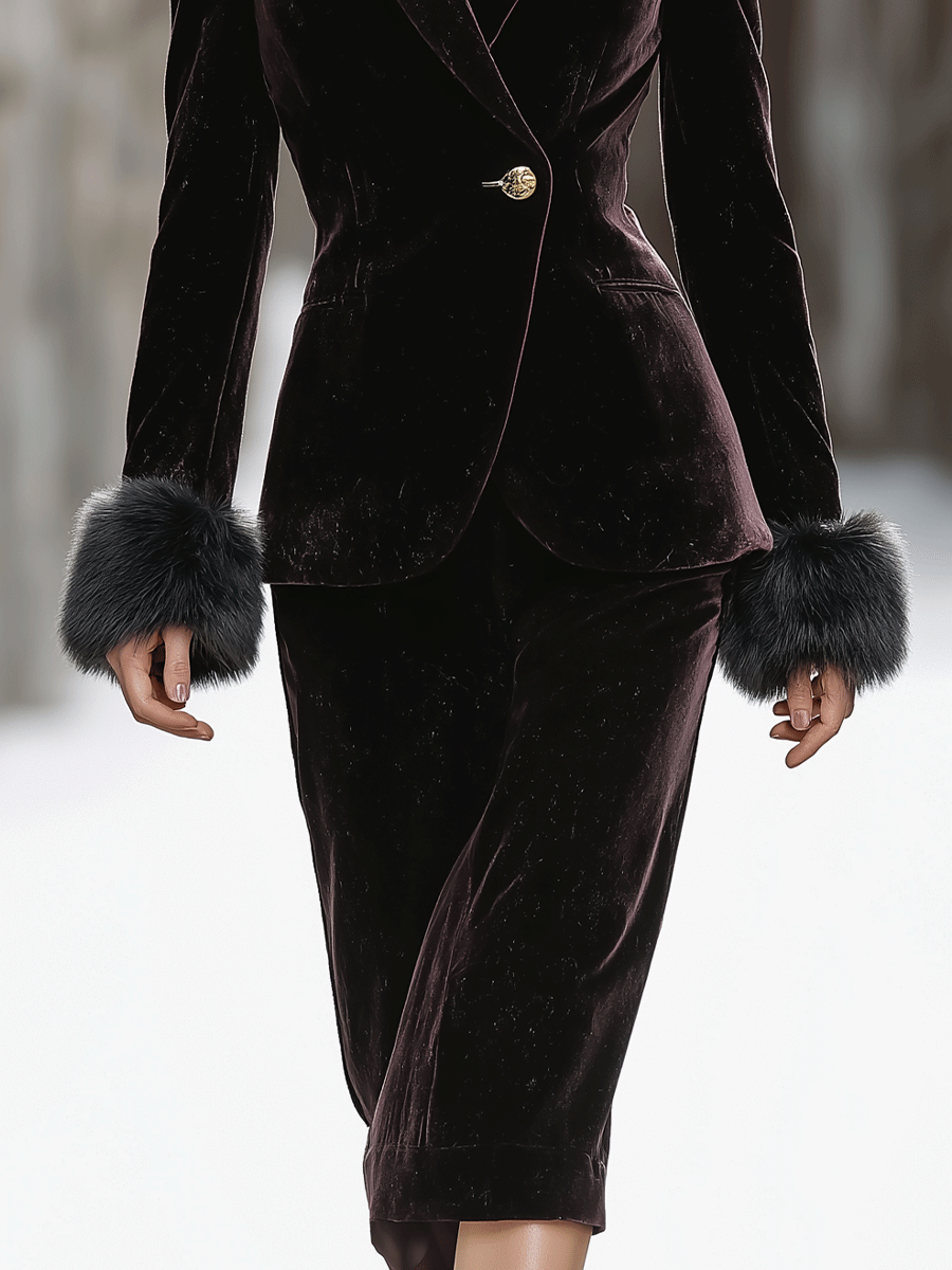 Luxurious Chocolate Velvet Fur-trimmed Skirt Suit