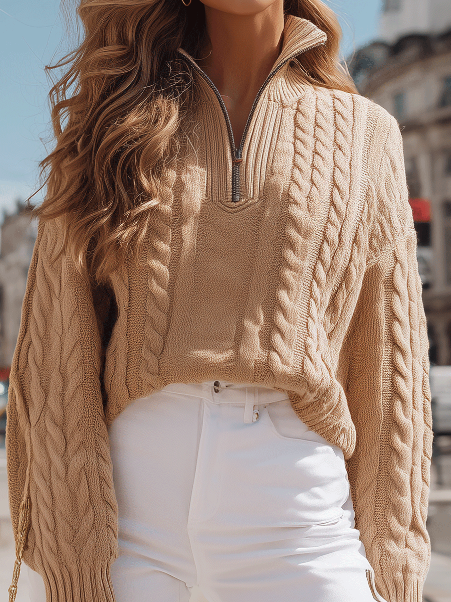 Camel Cable-Knit Half-Zip Sweater