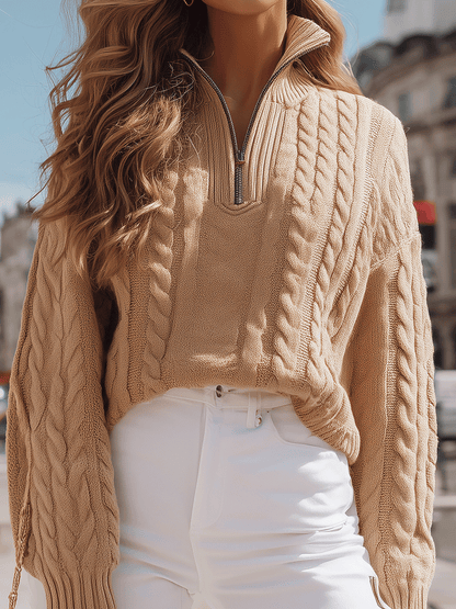 Camel Cable-Knit Half-Zip Sweater