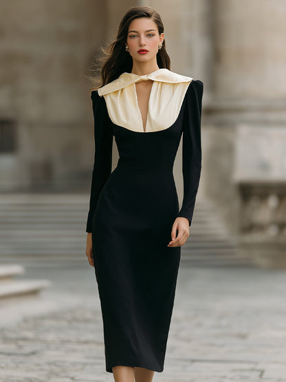 Elegant Black Midi Dress With Ivory Oversized Collar