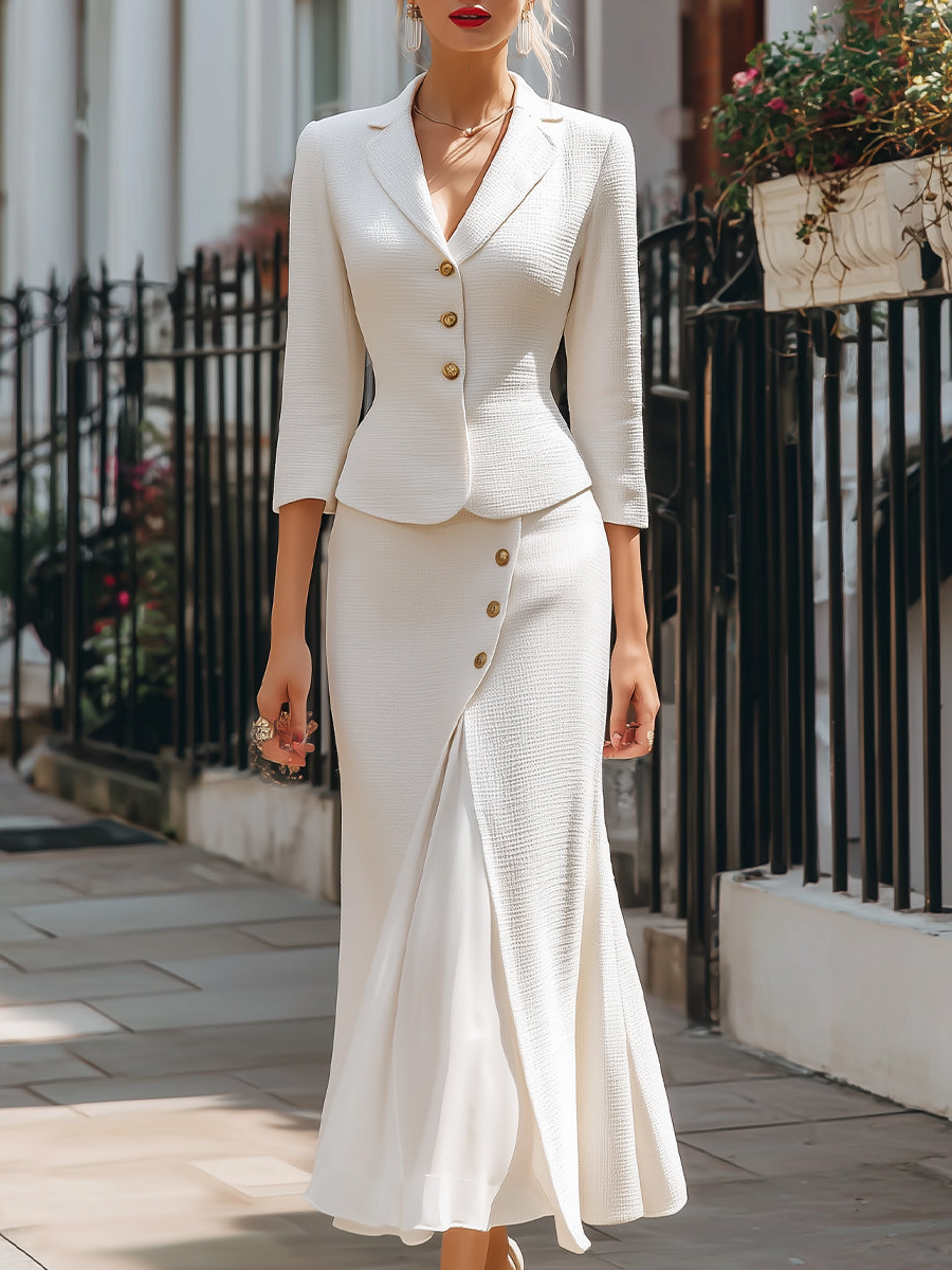 Elegant Textured Buttoned Blazer & Midi Skirt Set