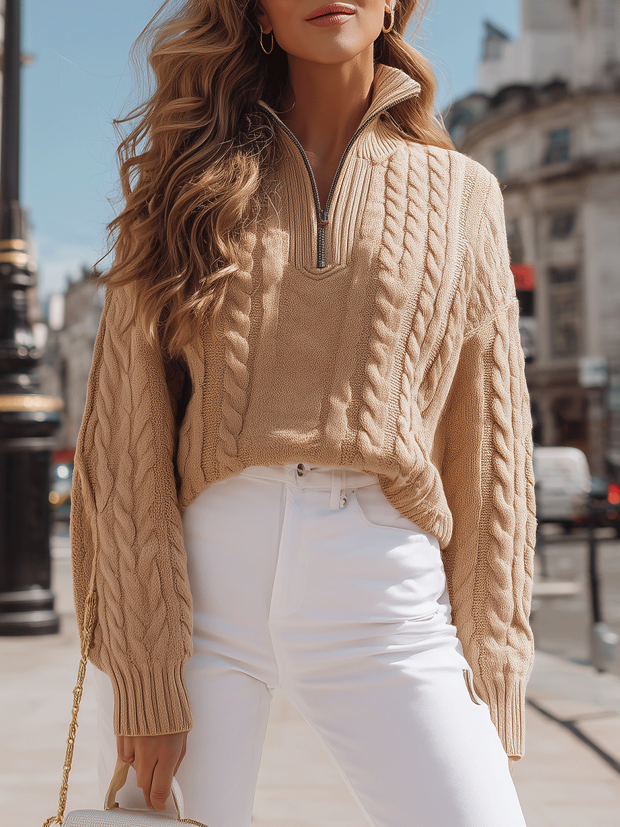 Camel Cable-Knit Half-Zip Sweater
