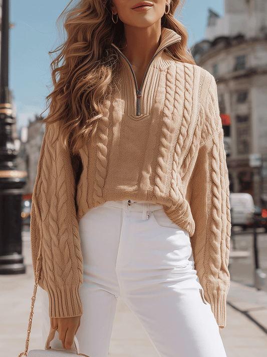 Camel Cable-Knit Half-Zip Sweater