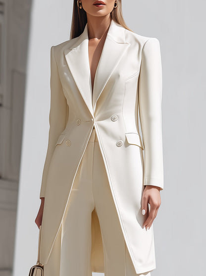 Elegant Cream Longline Blazer And Wide - Leg Pants Set