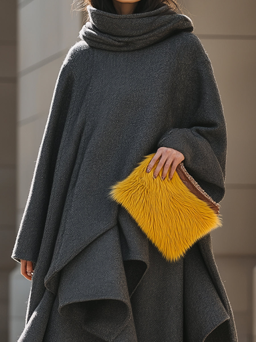 Charcoal Wool Drape Coat With Flowing Hemline