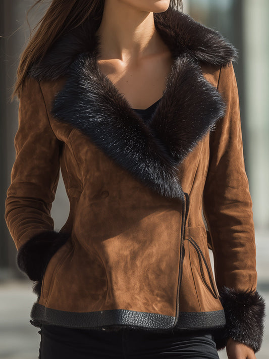 Chestnut Faux Fur Trim Suede Jacket