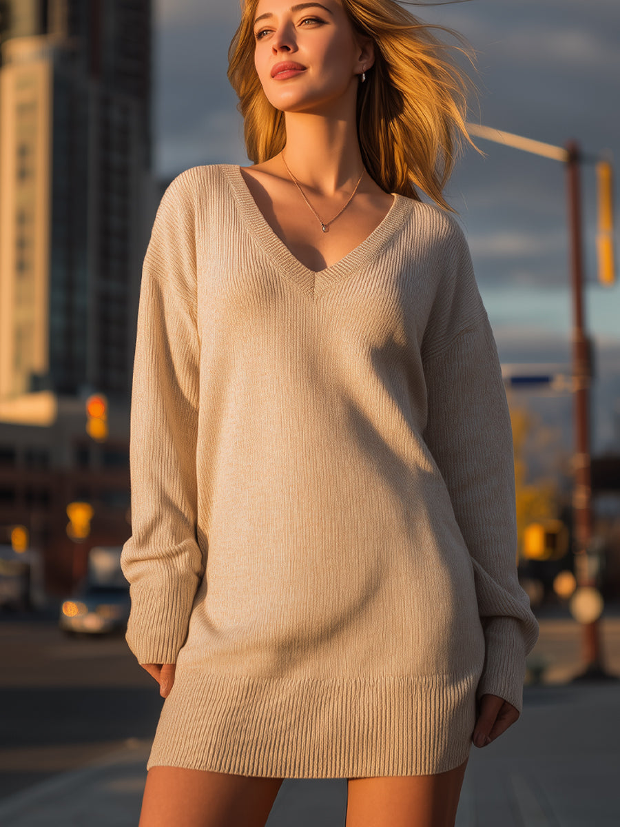 Oversized V-Neck Knit Sweater Dress