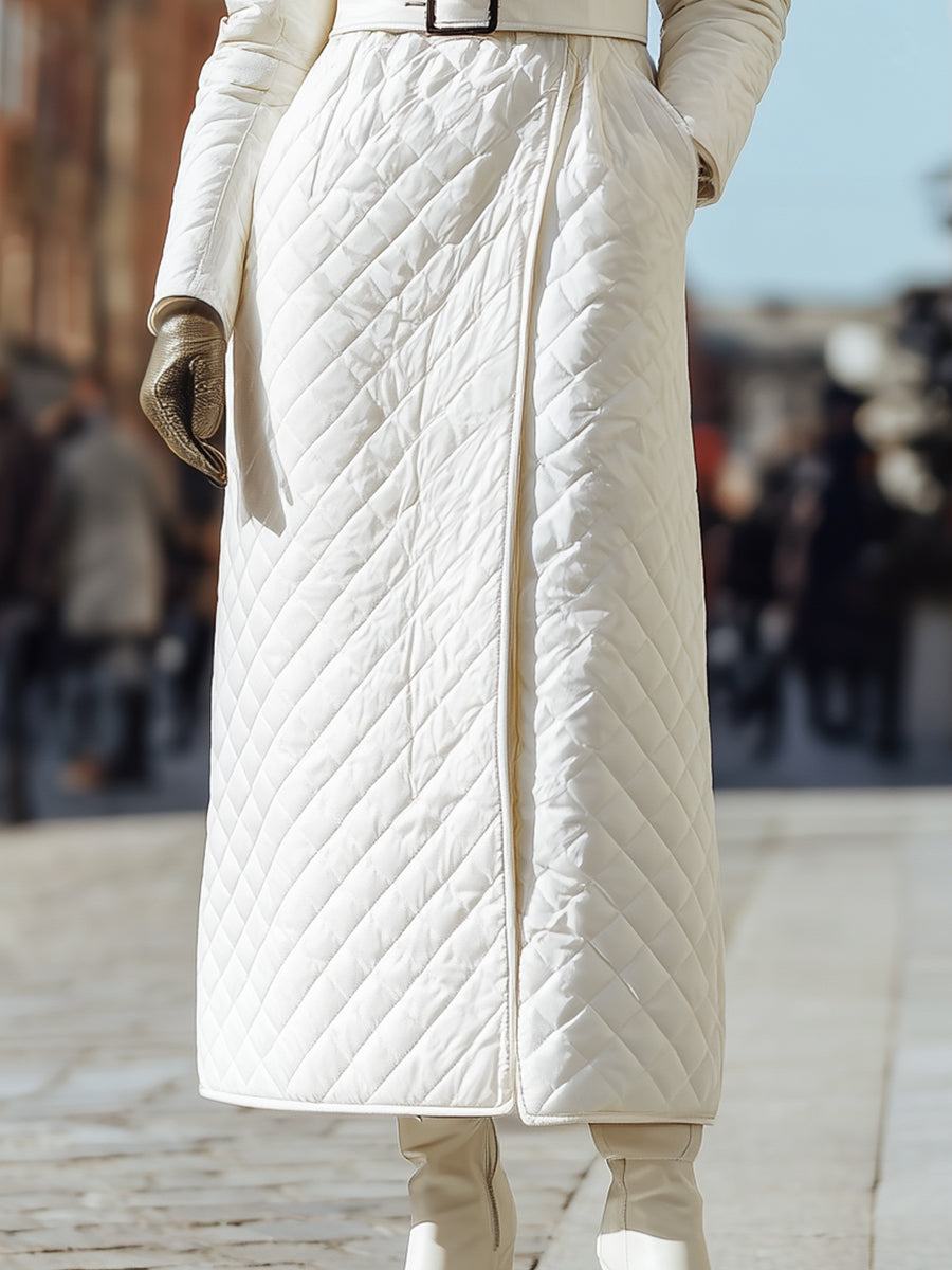 Ivory Quilted Coat With Faux Fur Collar And Belted Waist