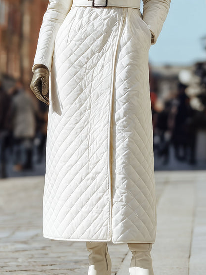 Ivory Quilted Coat With Faux Fur Collar And Belted Waist