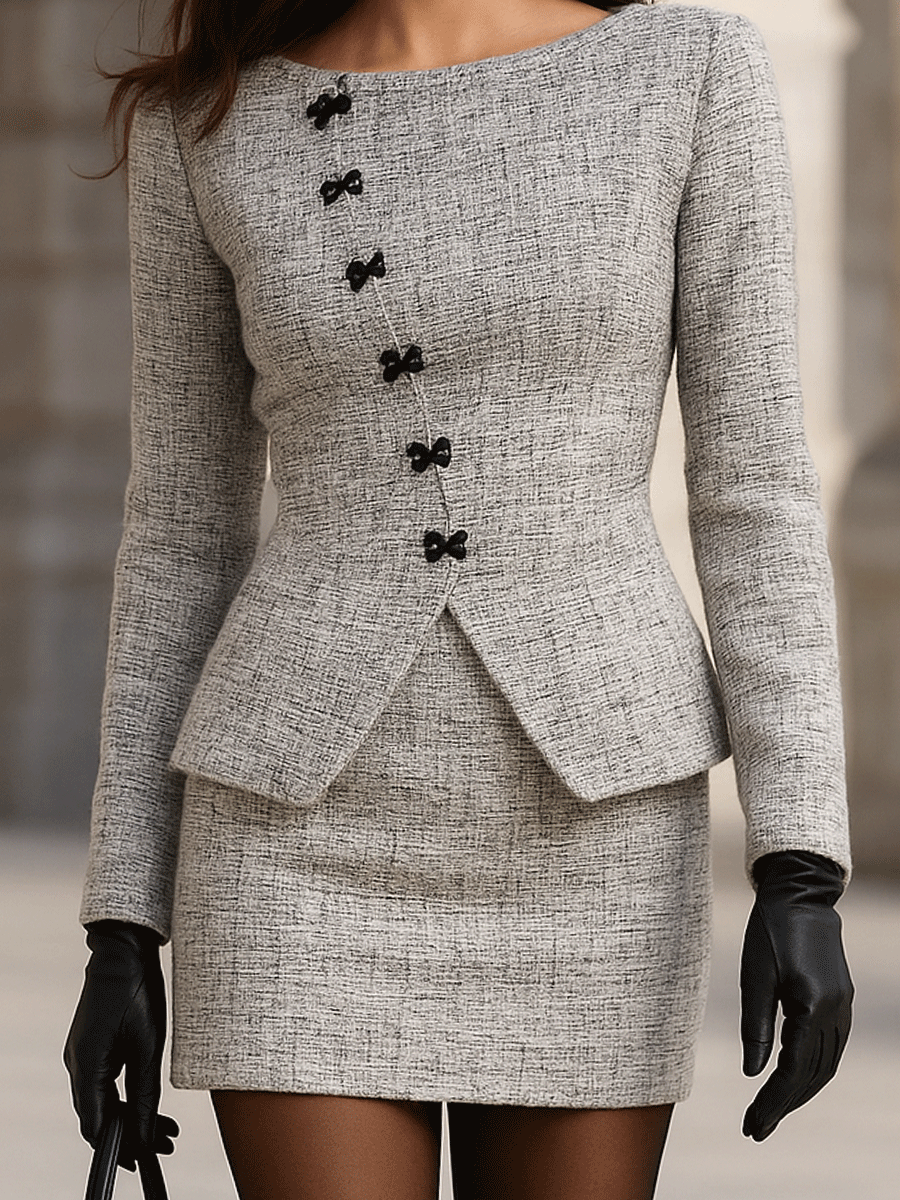 Parisian Tweed Bow Blazer And Skirt Set