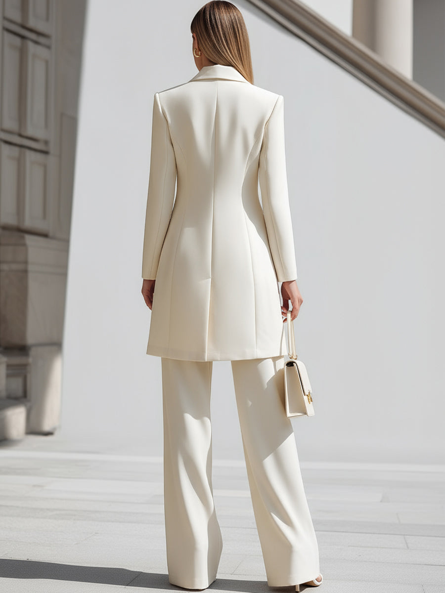 Elegant Cream Longline Blazer And Wide - Leg Pants Set