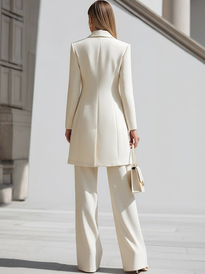 Elegant Cream Longline Blazer And Wide - Leg Pants Set