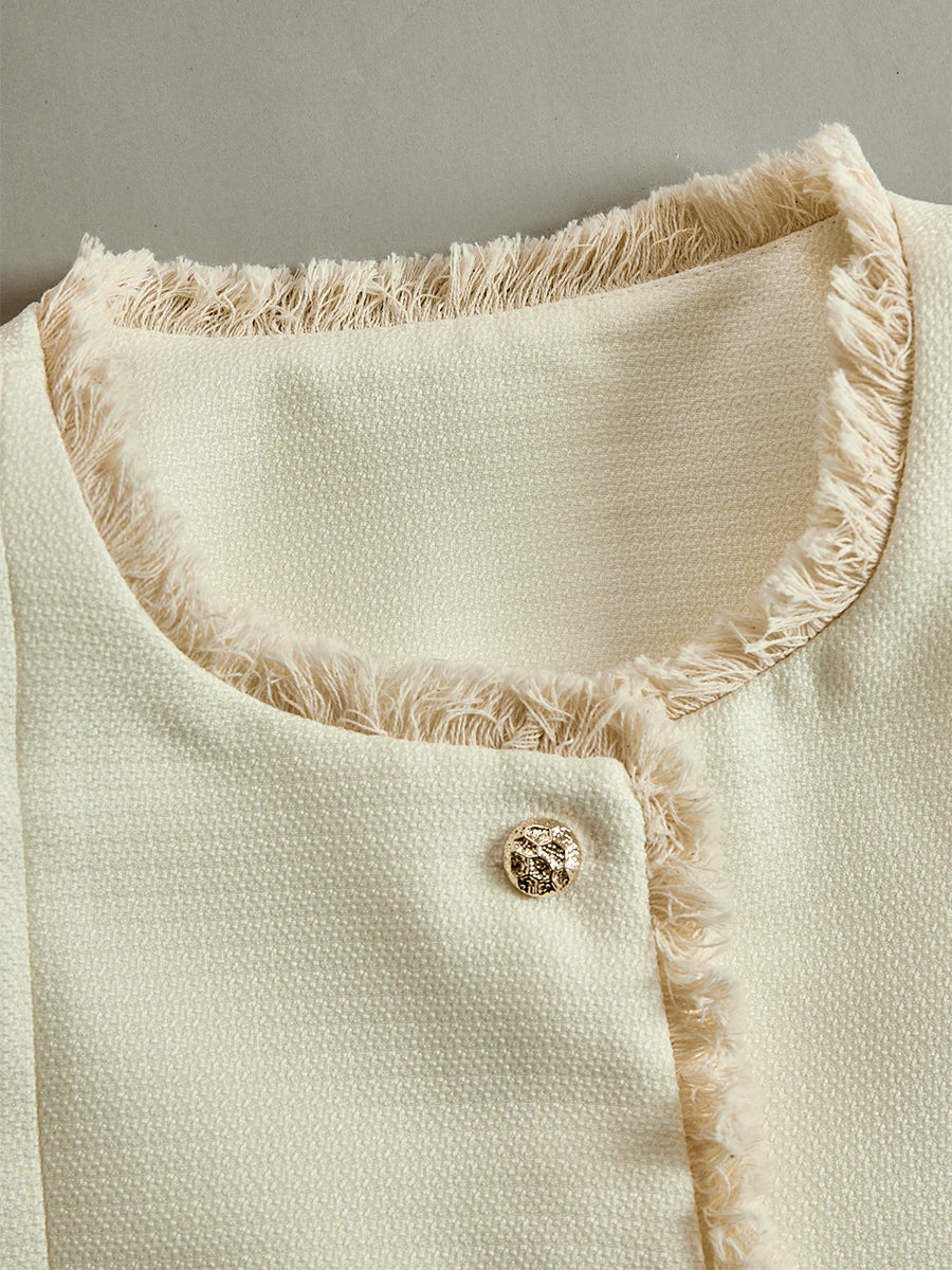 Elegant Cream Textured Blazer With Decorative Trim