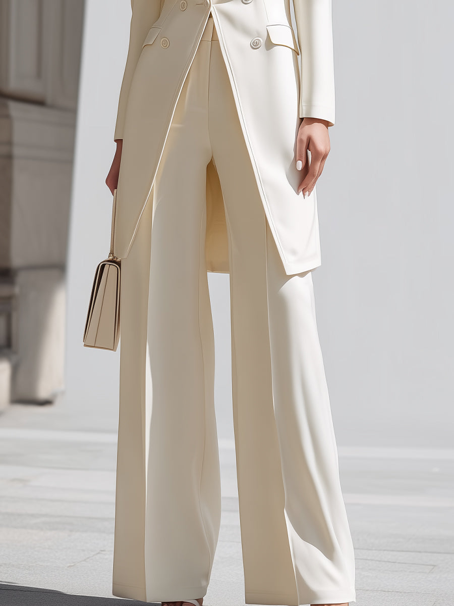 Elegant Cream Longline Blazer And Wide - Leg Pants Set