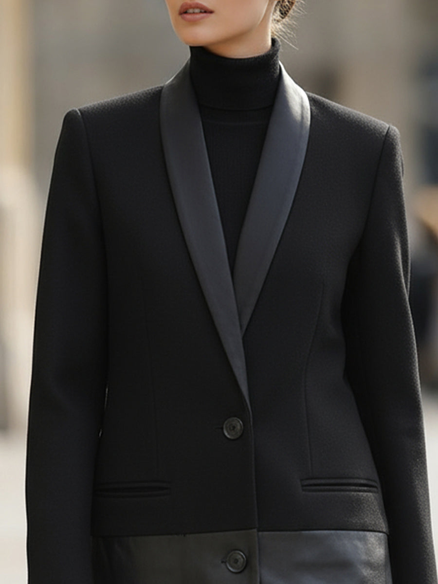 Chic Black And Leather - Paneled Longline Blazer Coat