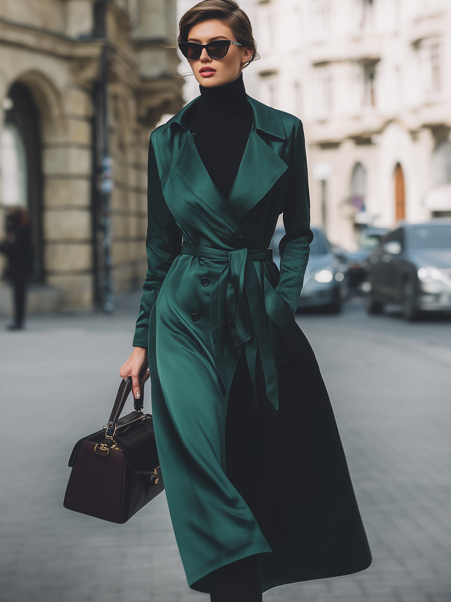 Emerald Satin Double-Breasted Trench Coat