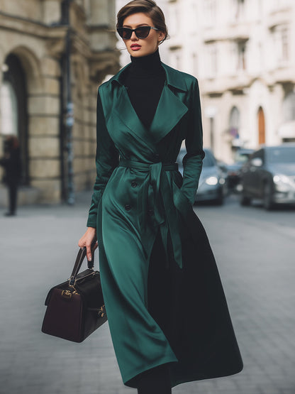 Emerald Satin Double-Breasted Trench Coat