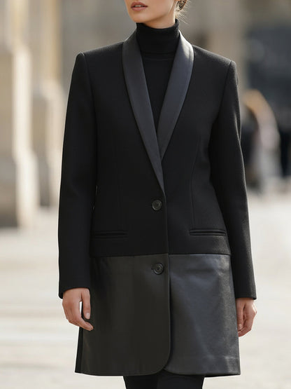 Chic Black And Leather - Paneled Longline Blazer Coat