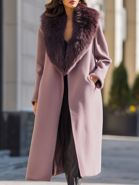 Mauve Wool Coat With Oversized Faux Fur Collar