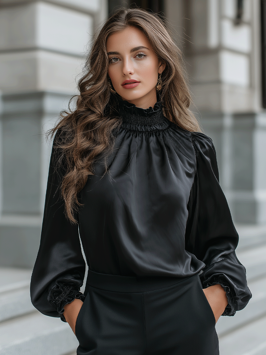 Noir Elegance High-Neck Satin Blouse