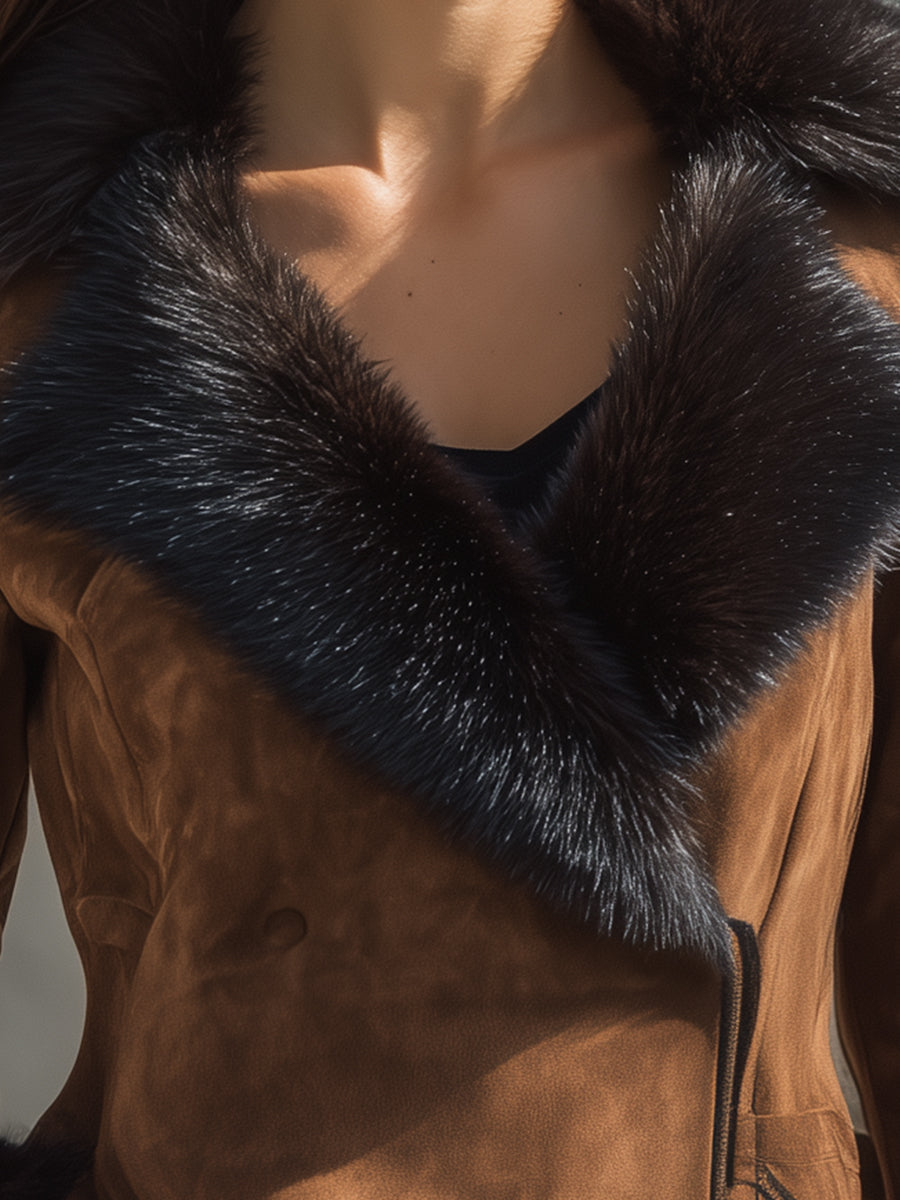 Chestnut Faux Fur Trim Suede Jacket