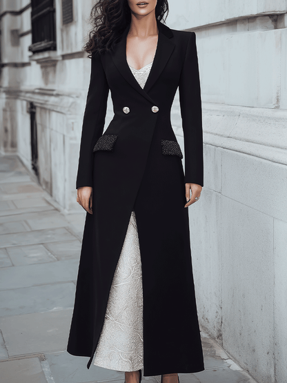 Black Longline Blazer Dress With Embellished Pockets And Contrast Underdress