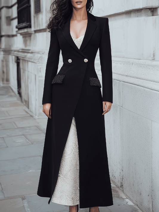 Black Longline Blazer Dress With Embellished Pockets And Contrast Underdress