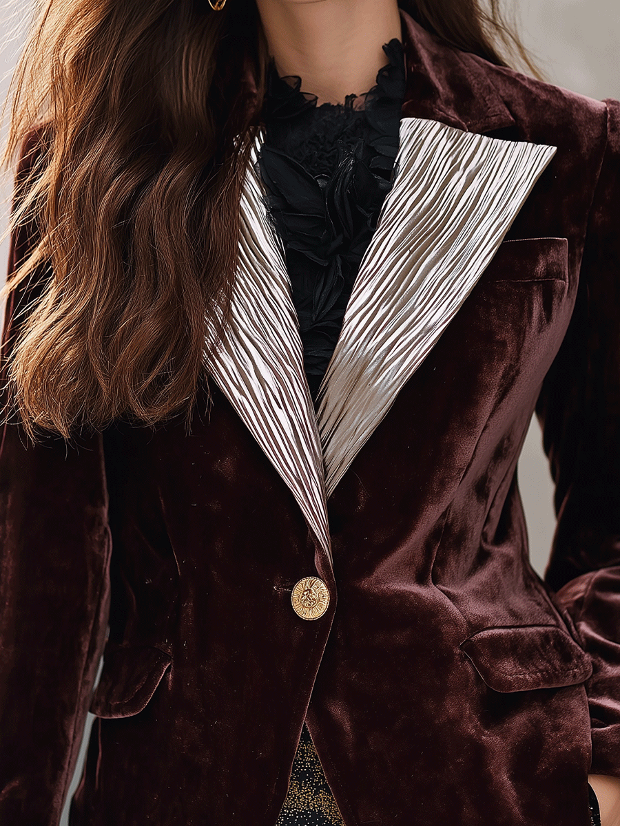 Bordeaux Velvet Blazer With Pleated Satin Lapel