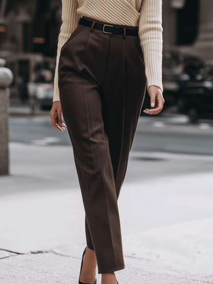 Cream Wrap Sweater With Tailored Brown Trousers