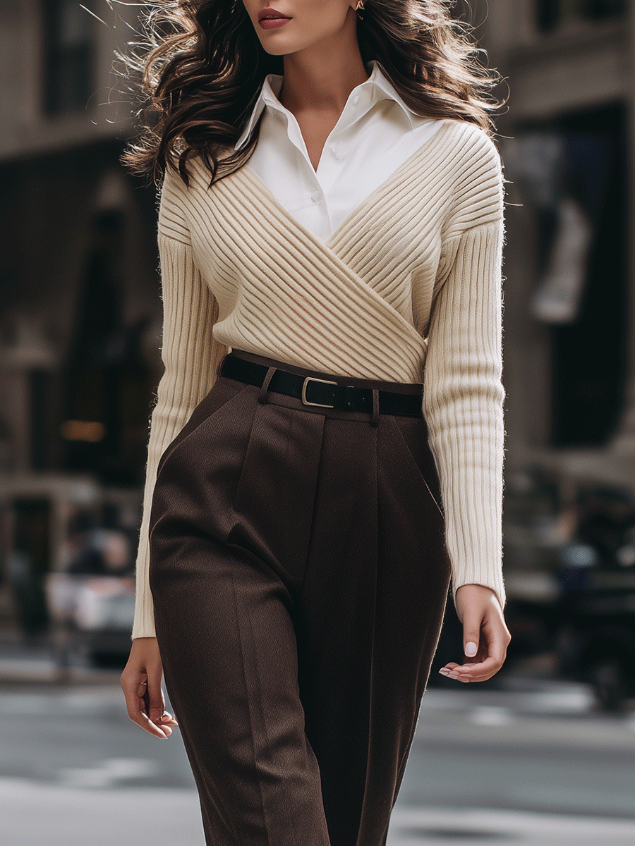 Cream Wrap Sweater With Tailored Brown Trousers