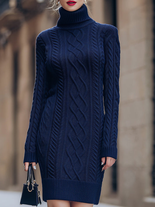 Navy Blue Cable - Knit Turtleneck Sweater Dress